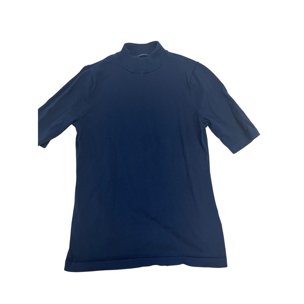 Lands End Navy Blue 100% Supima Cotton Mock Neck Elbow Sleeve Sweater Small 6-8